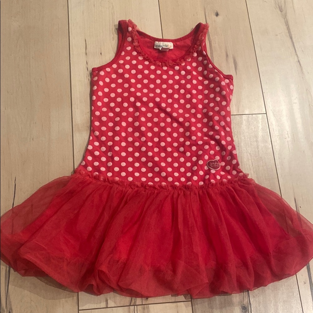 Bright Red Polka Dot Dance Costume with Tutu and Striped Leggings - Picture 3 of 4